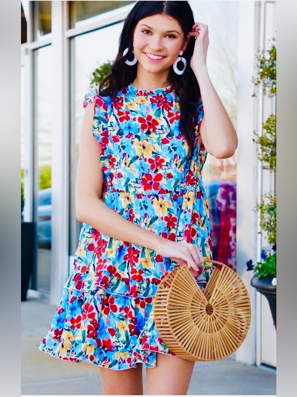 JODIFL Blue Floral Mini Dress with Red & Yellow Flowers with Pockets!